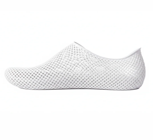 NUWA Lattice Sneaker in white, 3D-printed at 80μm resolution, one-piece, 100g