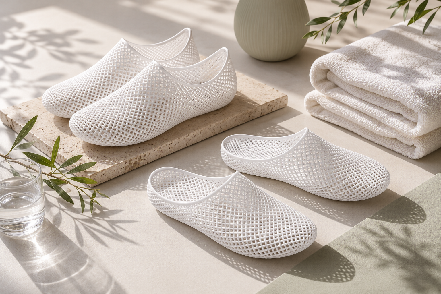Two pairs of white NUWA 3D-printed lattice footwear, a sneaker and a slipper, in a sunlit still life with a towel and vase