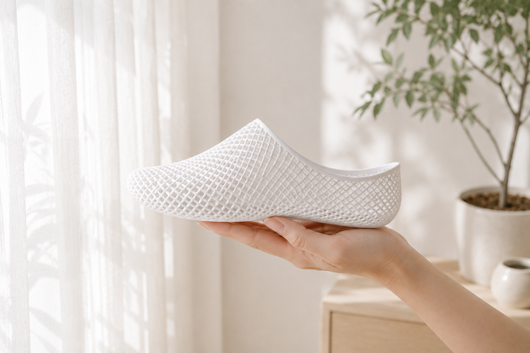 Hand holding a single lightweight white NUWA 3D-printed lattice shoe by a bright window