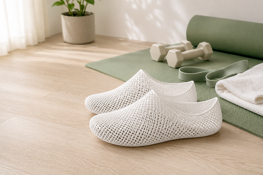 White NUWA lattice sneaker near a yoga mat and light dumbbells