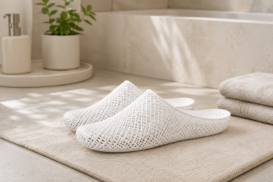 White NUWA slipper on a dry bath mat after a shower routine