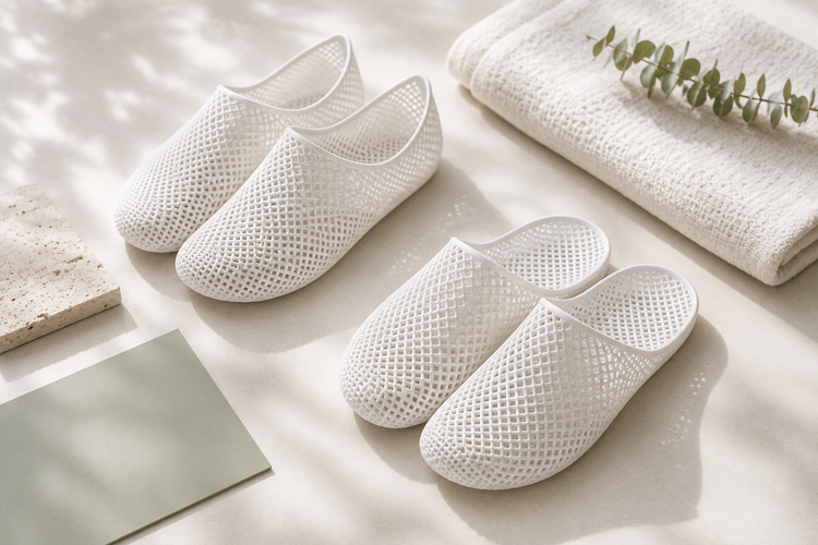 Two pairs of white NUWA 3D-printed lattice footwear arranged with a folded towel and eucalyptus stems