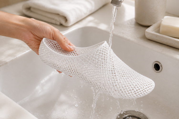 White NUWA lattice footwear being rinsed clean under a faucet