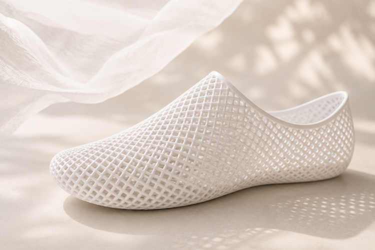 White NUWA 3D-printed lattice shoe in soft natural light