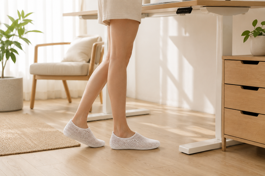 White NUWA indoor footwear worn at a standing desk